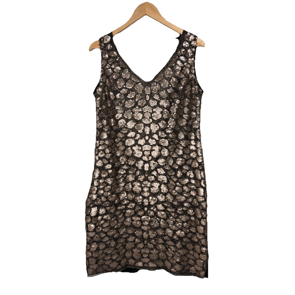 St. John Couture Sz 12 Metallic Sequin Cheetah Print Cocktail Dress Evening Silk